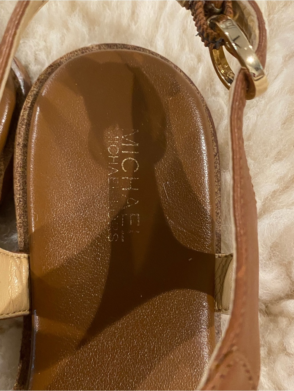 Michael Kors Cognac Leather T-Strap Sandals with Gold MK Charms - Picture 6 of 9